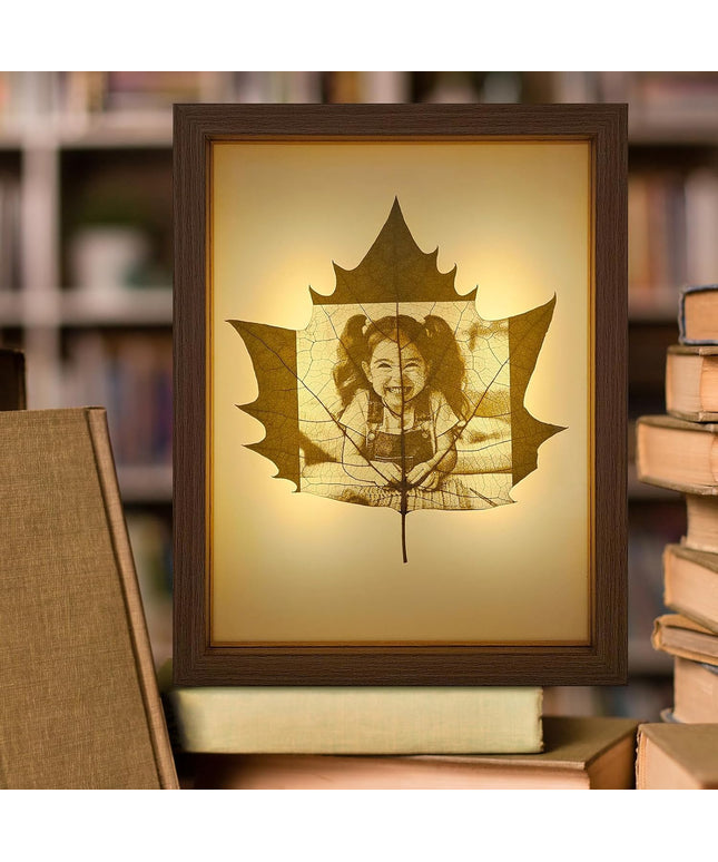 Personalized Leaf Carving Art Displayed in LED Light Photo Frame, Custom Photo Gift for Love, Travel & Celebrations